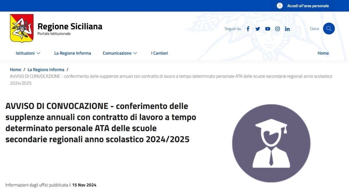 Supplenze annuali ATA 2024/25 USR Sicilia Scuole Regionali: convocazione scuole secondarie regionali [AVVISO]